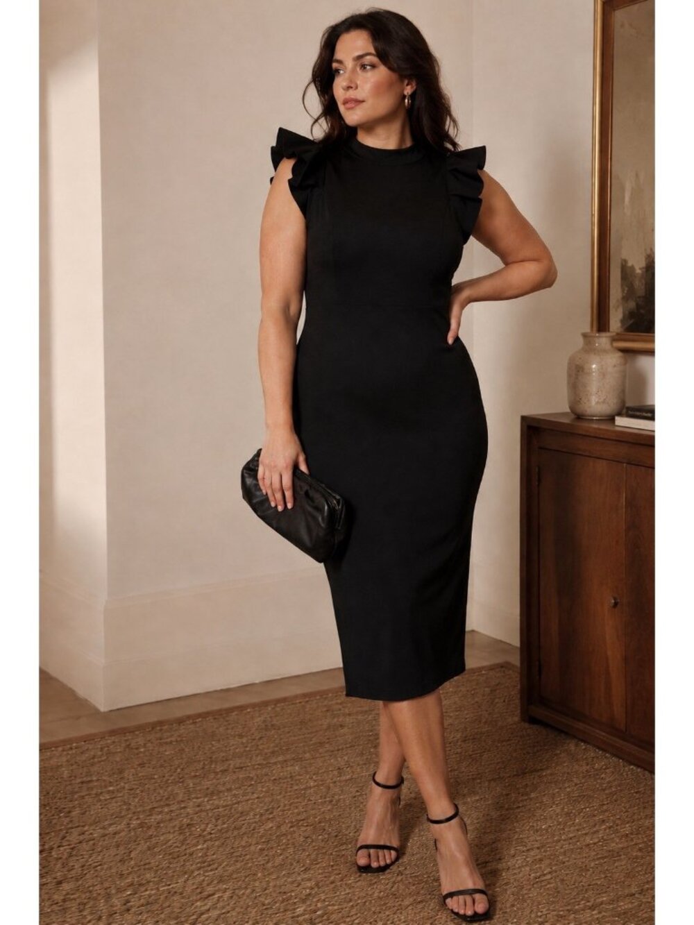 Lulus Stylish Splendor Midi Dress Sz Large Black Ruffle Bodycon Cocktail Cut Out